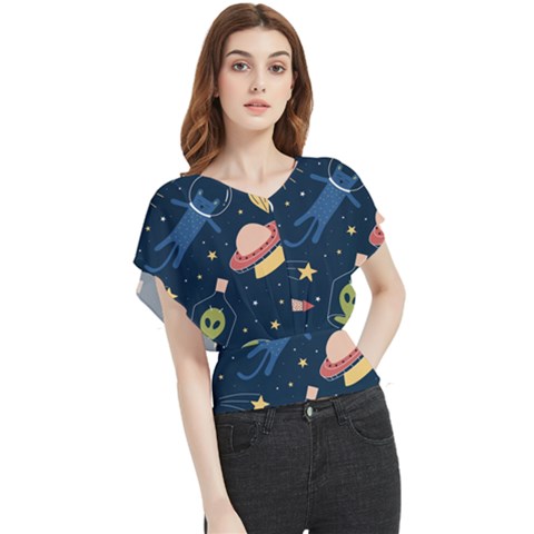 Seamless Pattern With Funny Alien Cat Galaxy Butterfly Chiffon Blouse by Wegoenart