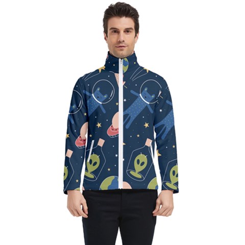 Seamless Pattern With Funny Alien Cat Galaxy Men s Bomber Jacket by Wegoenart