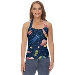 Seamless Pattern With Funny Alien Cat Galaxy Basic Halter Top by Wegoenart