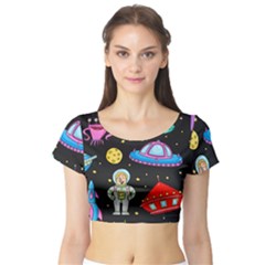 Seamless Pattern With Space Object Ufo Rocket Alien Hand Drawn Element Space Short Sleeve Crop Top by Wegoenart