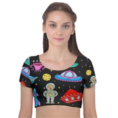 Seamless Pattern With Space Object Ufo Rocket Alien Hand Drawn Element Space Velvet Short Sleeve Crop Top  by Wegoenart