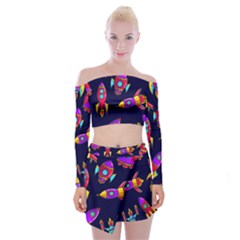 Space Pattern Off Shoulder Top With Mini Skirt Set by Wegoenart