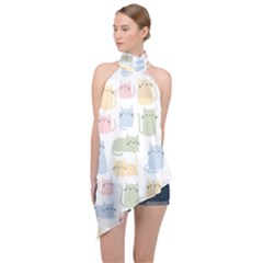 Cute-cat-colorful-cartoon-doodle-seamless-pattern Halter Asymmetric Satin Top by Wegoenart