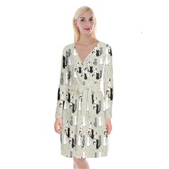 Cute-cat-seamless-pattern Long Sleeve Velvet Front Wrap Dress by Wegoenart