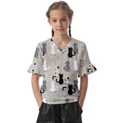 Cute-cat-seamless-pattern Kids  V-neck Horn Sleeve Blouse by Wegoenart