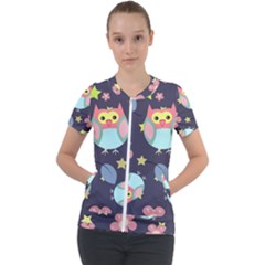 Owl Star Pattern Background Short Sleeve Zip Up Jacket by Wegoenart