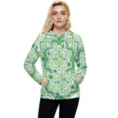 Floral-green-mandala-white Women s Lightweight Drawstring Hoodie by Wegoenart