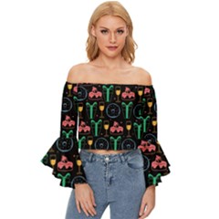 Hand-drawn-happy-birthday-pattern-background Off Shoulder Flutter Bell Sleeve Top by Wegoenart