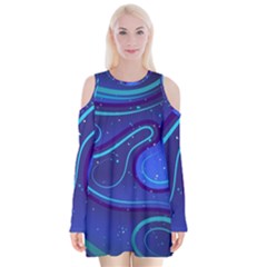 Wavy Abstract Blue Velvet Long Sleeve Shoulder Cutout Dress by Ravend