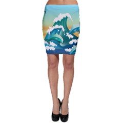 Dolphin Seagull Sea Ocean Wave Bodycon Skirt by Wegoenart