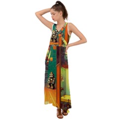 Illustration Robot Cute Sweet Futuristic V-neck Chiffon Maxi Dress by Wegoenart