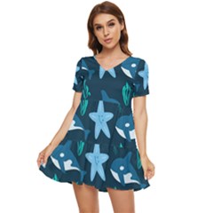 Whale And Starfish  Tiered Short Sleeve Babydoll Dress by ConteMonfrey