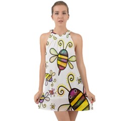 Bee Doodle Cartoon Halter Tie Back Chiffon Dress by Wegoenart