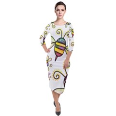 Bee Doodle Cartoon Quarter Sleeve Midi Velour Bodycon Dress by Wegoenart