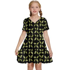 Leaves Motif Random Print Pattern Kids  Short Sleeve Tiered Mini Dress by dflcprintsclothing