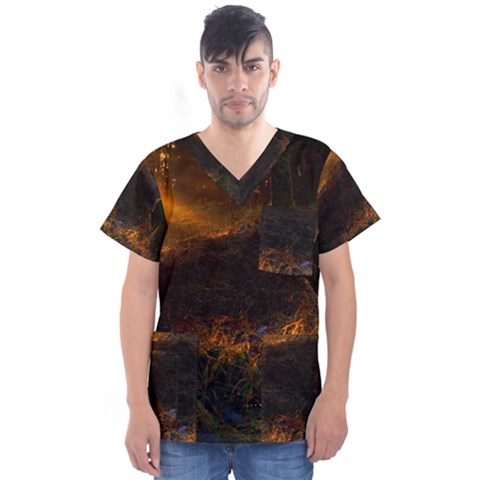 Sunset Forest Fall Sunbeams Nature Men s V-neck Scrub Top by danenraven