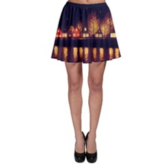 Night Houses River Bokeh Leaves Fall Autumn Skater Skirt by danenraven