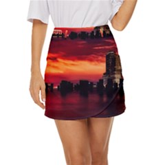 New York City Urban Skyline Harbor Bay Reflections Mini Front Wrap Skirt by danenraven