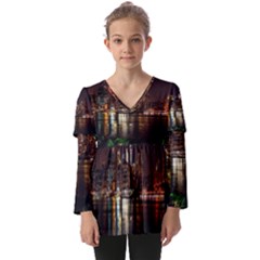 New York City Panorama Urban Hudson River Water Kids  V Neck Casual Top by danenraven