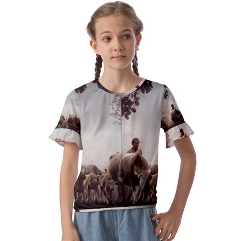 Man Cattle Animals Cows Bulls Calves Mammals Kids  Cuff Sleeve Scrunch Bottom Tee by danenraven