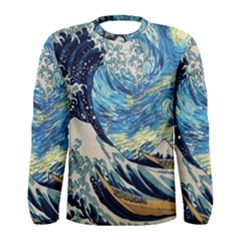 The Great Wave Of Kanagawa Painting Starry Night Vincent Van Gogh Men s Long Sleeve Tee by danenraven