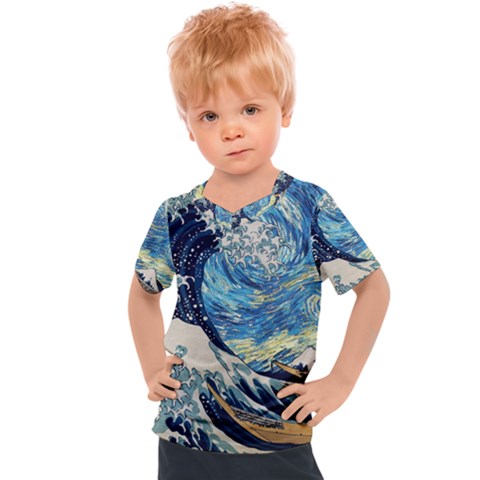 The Great Wave Of Kanagawa Painting Starry Night Vincent Van Gogh Kids  Sports Tee by danenraven