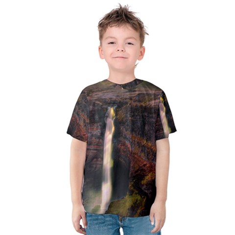 Waterfall Cascade Mountains Cliffs Northern Lights Kids  Cotton Tee by danenraven