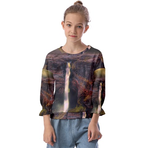 Waterfall Cascade Mountains Cliffs Northern Lights Kids  Cuff Sleeve Top by danenraven