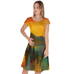 Trees Mountains Sun Sunrise Warm Red Yellow Classic Short Sleeve Dress by danenraven