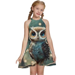 Owl Bird Bird Of Prey Ornithology Animal Kids  Halter Collar Waist Tie Chiffon Dress by Pakemis