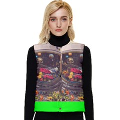 Astronaut Universe Planting Flowers Cosmos Jpg Women s Short Button Up Puffer Vest by Pakemis