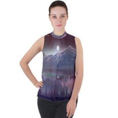 Mountains Nature Forest Moon Landscape Moonlight Mock Neck Chiffon Sleeveless Top by Pakemis