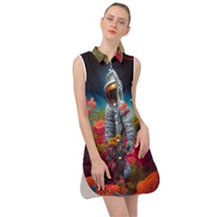 Astronaut Universe Planting Flowers Cosmos Galaxy Sleeveless Shirt Dress by Pakemis