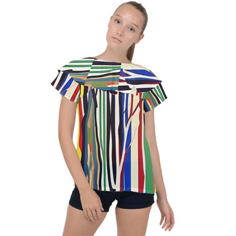 Abstract Trees Colorful Artwork Woods Ruffle Collar Chiffon Blouse by Pakemis