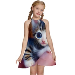 Cute Kitten Kitten Animal Wildlife 3d Kids  Halter Collar Waist Tie Chiffon Dress by Pakemis