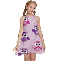 Seamless Cute Colourfull Owl Kids Pattern Kids  Halter Collar Waist Tie Chiffon Dress by Pakemis