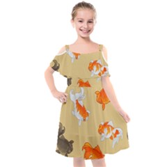 Gold Fish Seamless Pattern Background Kids  Cut Out Shoulders Chiffon Dress by Pakemis