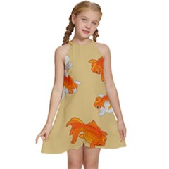 Gold Fish Seamless Pattern Background Kids  Halter Collar Waist Tie Chiffon Dress by Pakemis