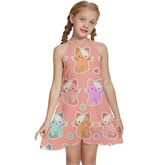 Cute Kawaii Kittens Seamless Pattern Kids  Halter Collar Waist Tie Chiffon Dress by Pakemis