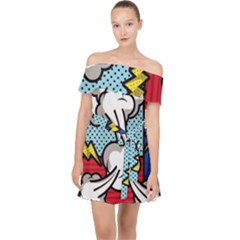 Rays Smoke Pop Art Style Vector Illustration Off Shoulder Chiffon Dress by Pakemis