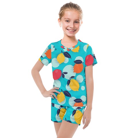 Pop Art Style Citrus Seamless Pattern Kids  Mesh Tee And Shorts Set by Pakemis