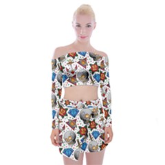 Full Color Flash Tattoo Patterns Off Shoulder Top With Mini Skirt Set by Pakemis