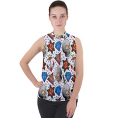 Full Color Flash Tattoo Patterns Mock Neck Chiffon Sleeveless Top by Pakemis