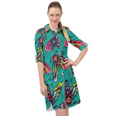 Vintage Colorful Insects Seamless Pattern Long Sleeve Mini Shirt Dress by Pakemis