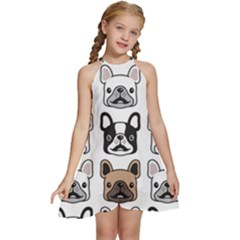 Dog French Bulldog Seamless Pattern Face Head Kids  Halter Collar Waist Tie Chiffon Dress by Pakemis