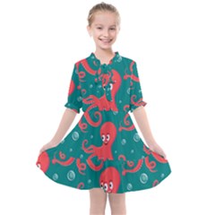 Cute Smiling Red Octopus Swimming Underwater Kids  All Frills Chiffon Dress by Pakemis