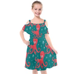 Cute Smiling Red Octopus Swimming Underwater Kids  Cut Out Shoulders Chiffon Dress by Pakemis