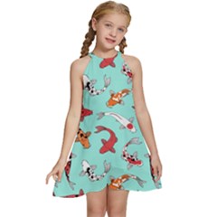 Pattern-with-koi-fishes Kids  Halter Collar Waist Tie Chiffon Dress by Pakemis