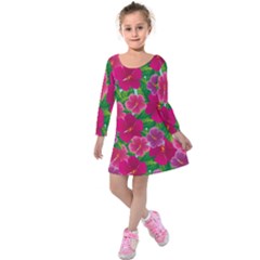 Background-cute-flowers-fuchsia-with-leaves Kids  Long Sleeve Velvet Dress by Pakemis