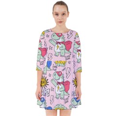 Seamless-pattern-with-many-funny-cute-superhero-dinosaurs-t-rex-mask-cloak-with-comics-style-inscrip Smock Dress by Pakemis